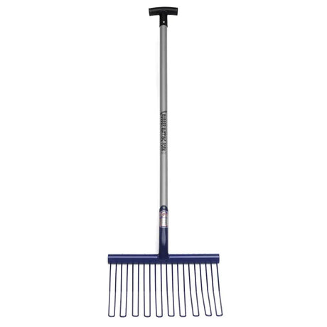 Blue fynalite rubber matting fork with rounded tines, silver metal handle, black grip for shavings forks use