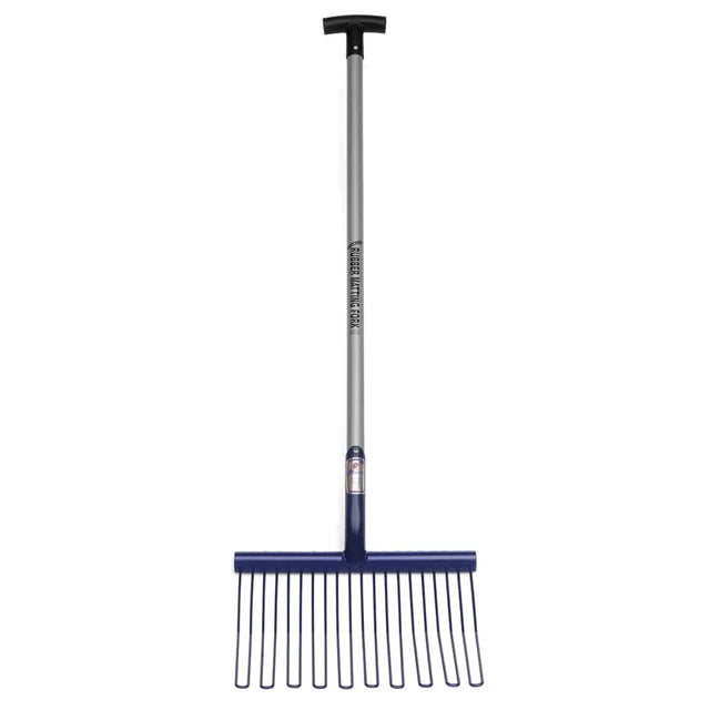 Blue fynalite rubber matting fork with rounded tines, silver metal handle, black grip for shavings forks use