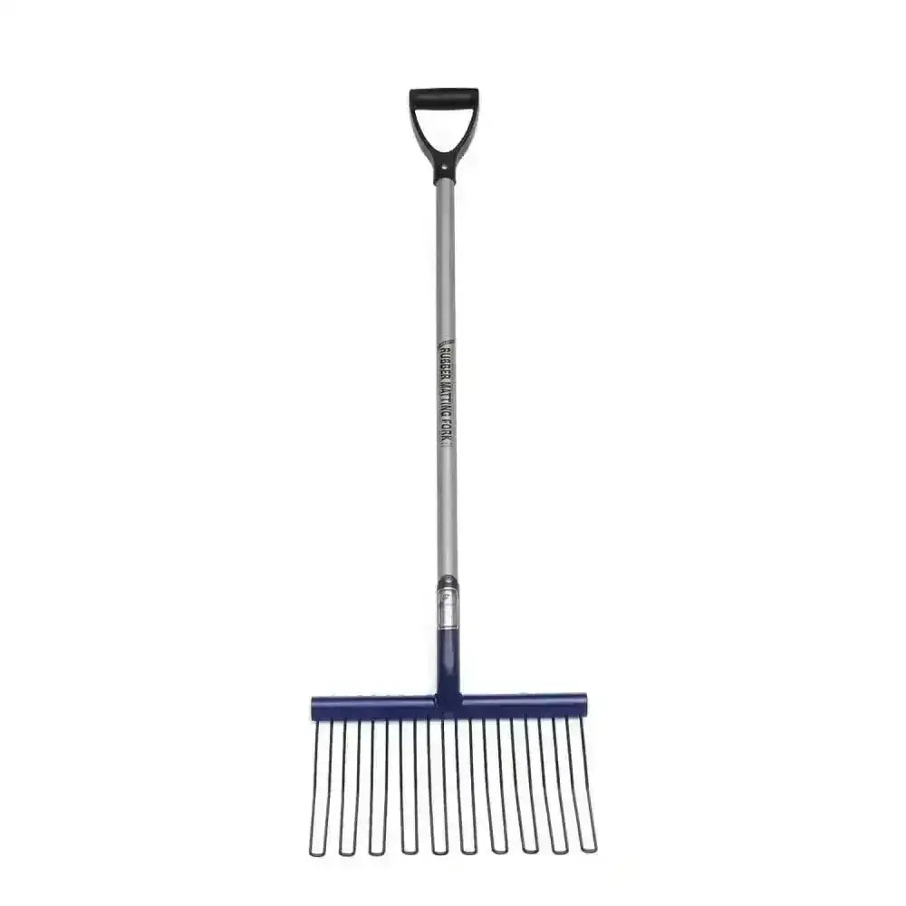 Fynalite rubber matting fork with blue plastic rounded tines metal shaft and black handle for shavings forks use