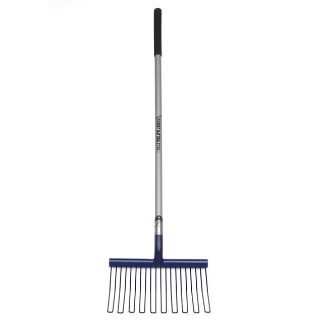Fynalite rubber matting fork with blue rubber head, silver metal shaft, and black grip for wet bedding use