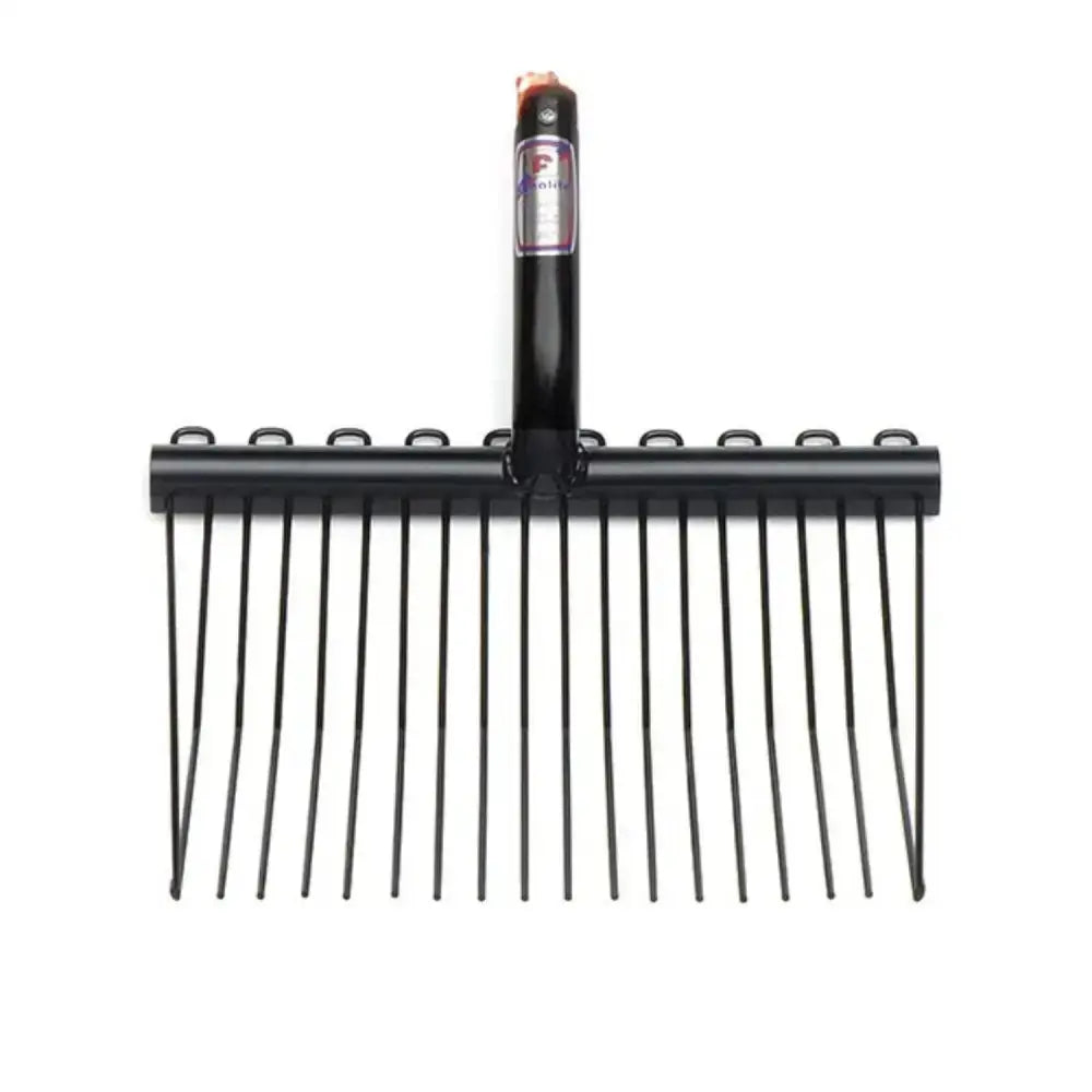 Black metal fynalite shavings fork head with sturdy handle and evenly spaced tines for wood pellets and horse stalls