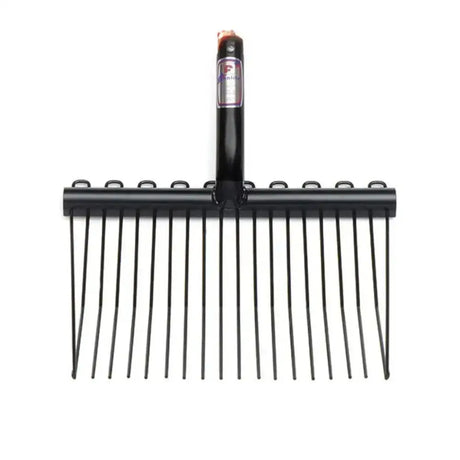 Black metal fynalite shavings fork head with sturdy handle and evenly spaced tines for wood pellets and shavings