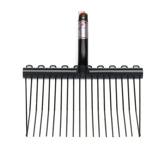 Black metal fynalite shavings fork head with sturdy handle and evenly spaced tines for wood pellets and horse stalls