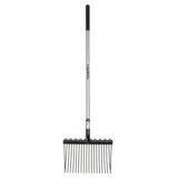 Black metal fynalite shavings fork with long silver aluminium handle and black grip for wood chip cleanup