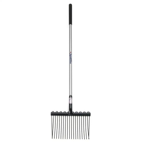Fynalite shavings fork long with black metal rake head and silver aluminium handle for wood chip use