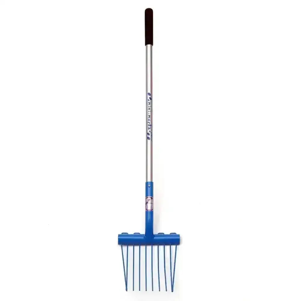 Fynalite shavings fork mini mucka fork with blue plastic rake head silver metal handle and black grip for kids mini mucka tasks