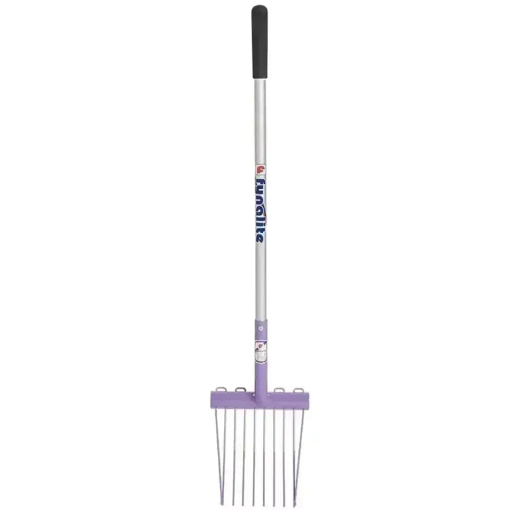 Purple-handled fynalite shavings fork mini mucka fork with silver metal shaft and thin metallic tines for kids mini mucka tasks