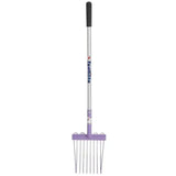Purple-handled fynalite shavings fork mini mucka fork with silver metal shaft and thin metallic tines for kids mini mucka tasks