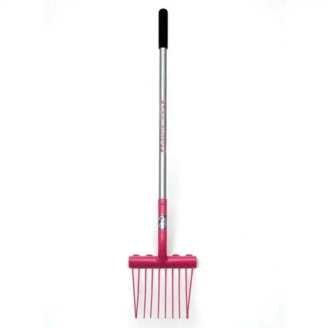 Fynalite shavings fork pink metal mini mucka fork with black grip handle and silver shaft for kids mini mucka use