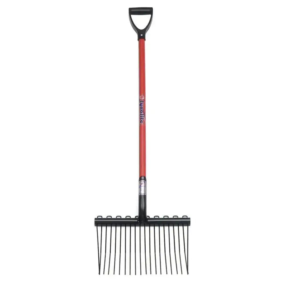 Fynalite shavings fork short d-grip with red and black tengatta handle and multiple tines for garden use