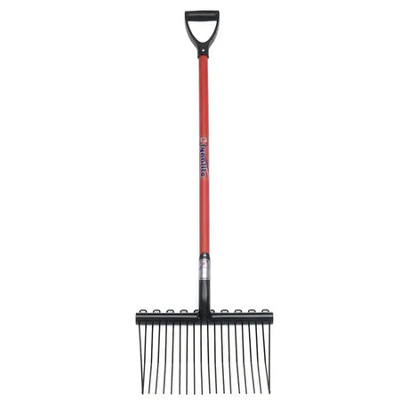 Fynalite shavings fork short d-grip with red and black tengatta handle and multiple tines for garden use