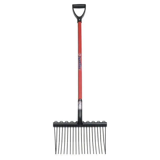 Fynalite shavings fork short d-grip with red and black tengatta handle and multiple tines for garden use