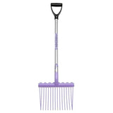 Purple plastic funky stable fork with black d-shaped handle and silver metal shaft from fynalite shavings forks groovy junior