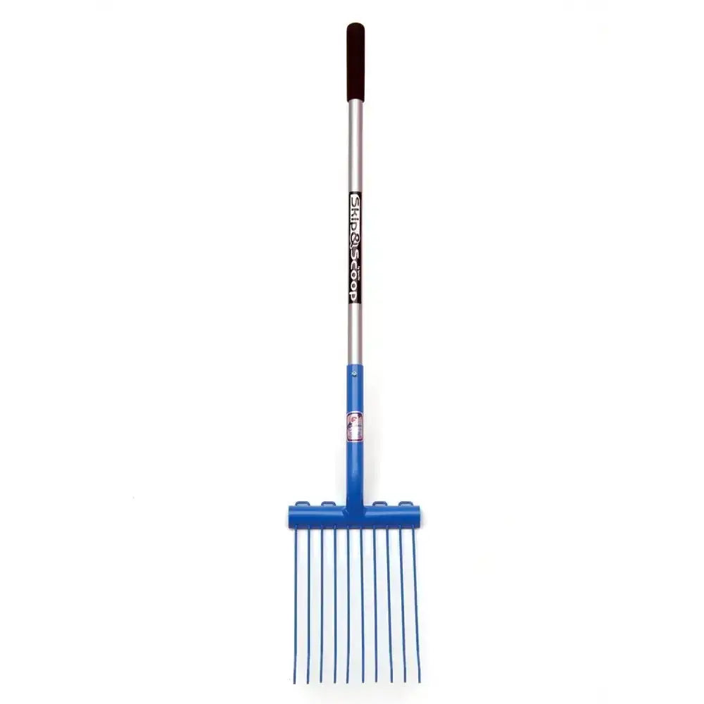 Blue plastic horse rake with silver metal shaft and black grip for fynalite skip and scoop spare rake by sip amp sop