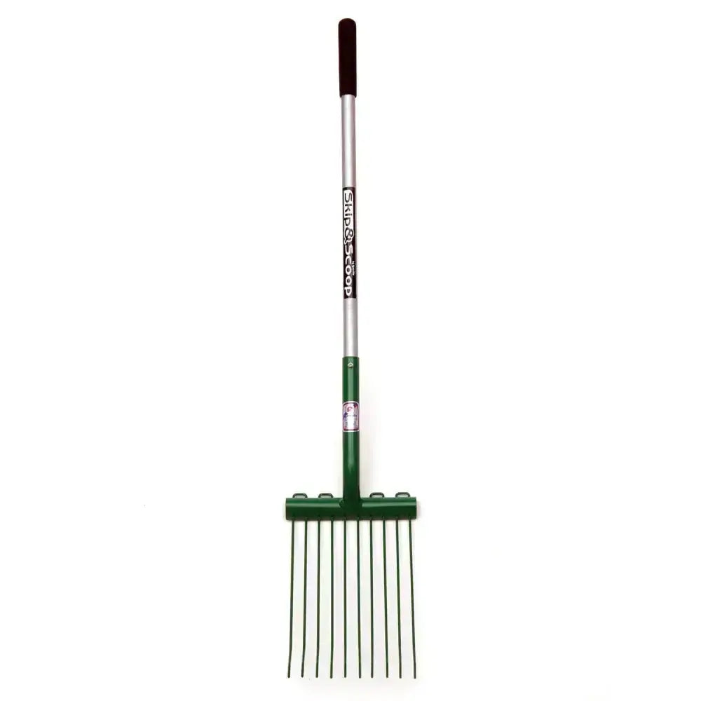 Green metal fynalite skip rake with black grip handle and silver shaft branded skip-boop for scoop spare rake use