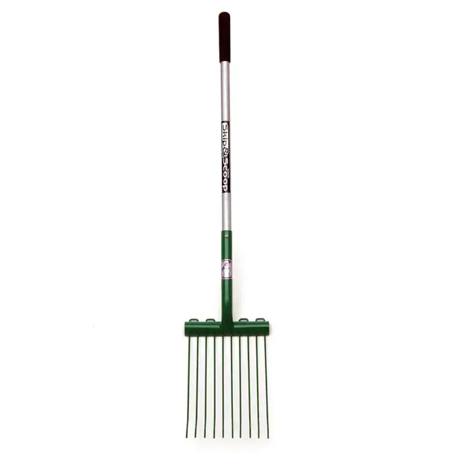 Green metal fynalite skip rake with black grip handle and silver shaft branded skip-boop for scoop spare rake use