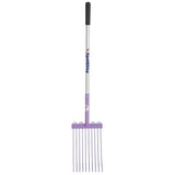 Purple-handled fungite fynalite skip pitchfork with silver metal shaft and ten slender metallic tines for scooping and raking
