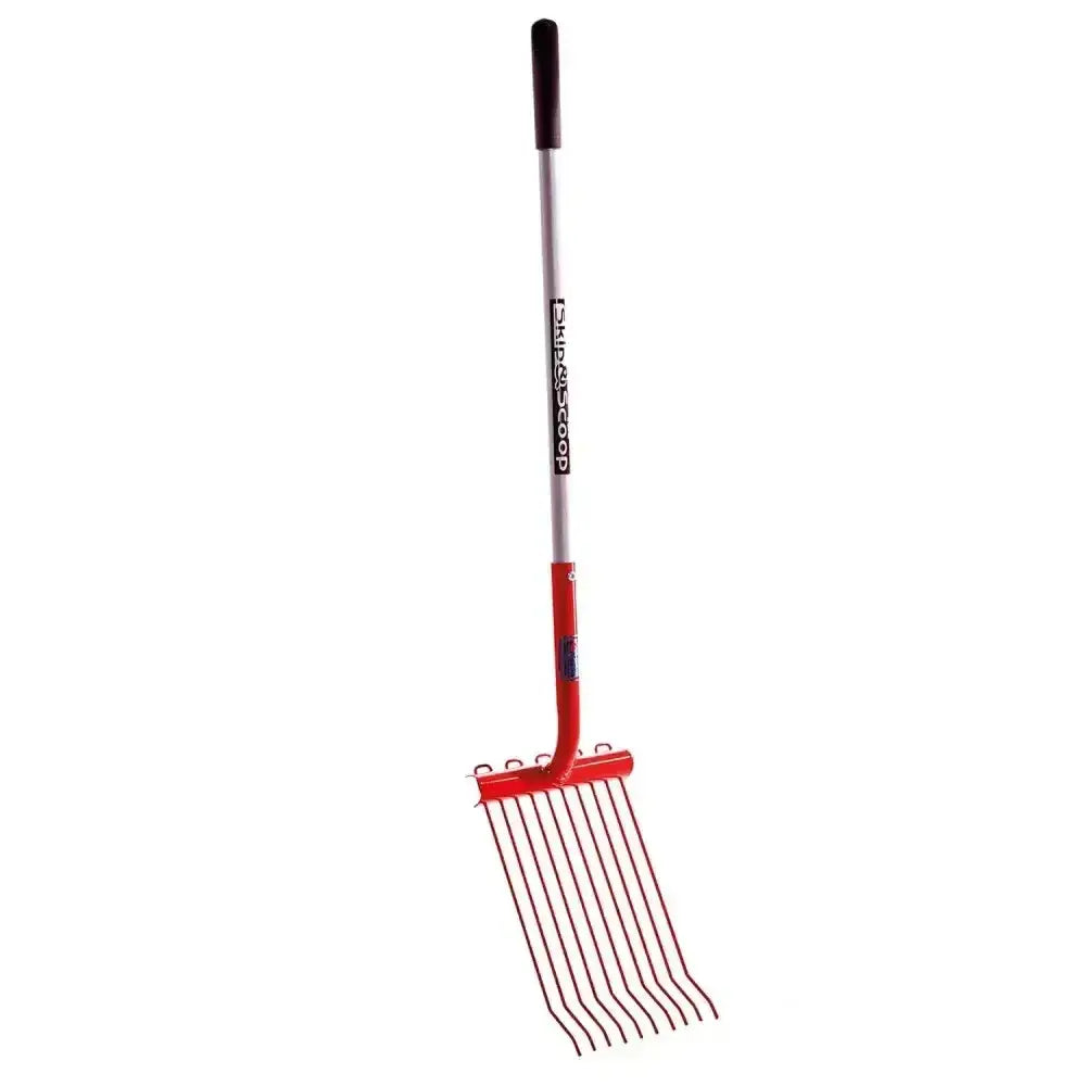 Red and silver metal horse rake with black grip handle for fynalite skip and scoop spare rake use