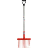 Fynalite super lite shavings fork with red plastic-tipped rake, black d-handle, and silver metal shaft branded equalite