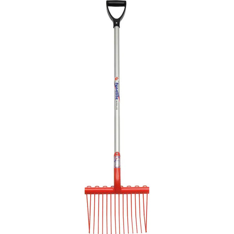 Fynalite super lite shavings fork with red plastic-tipped rake, black d-handle, and silver metal shaft branded equalite