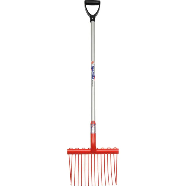 Fynalite super lite shavings fork with red plastic-tipped rake, black d-handle, and silver metal shaft branded equalite