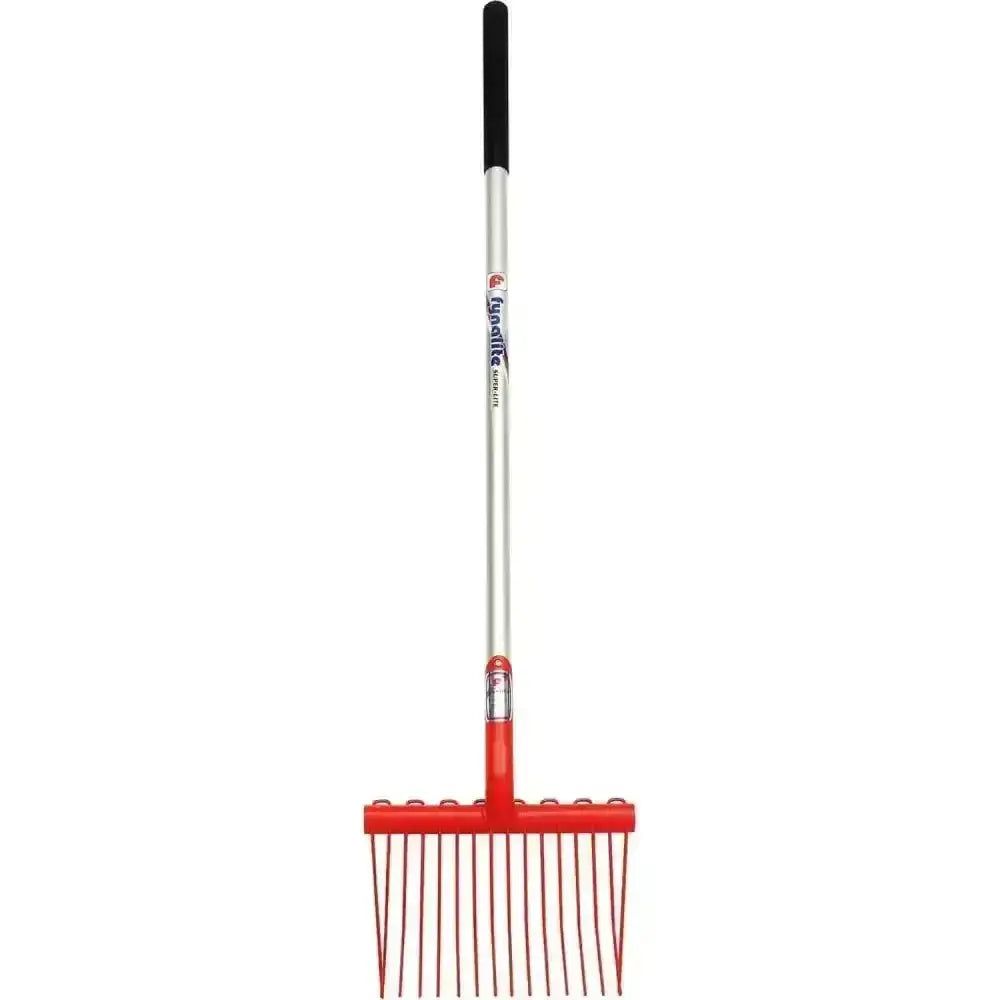 Red plastic rake with 12 thin metal tines silver aluminum handle and black grip lightweight fynalite super shavings fork