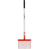Red plastic rake with 12 thin metal tines silver aluminum handle and black grip lightweight fynalite super shavings fork