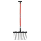 Fynalite super lite shavings fork with a lightweight red and black handle and sturdy metal tines for easy garden raking