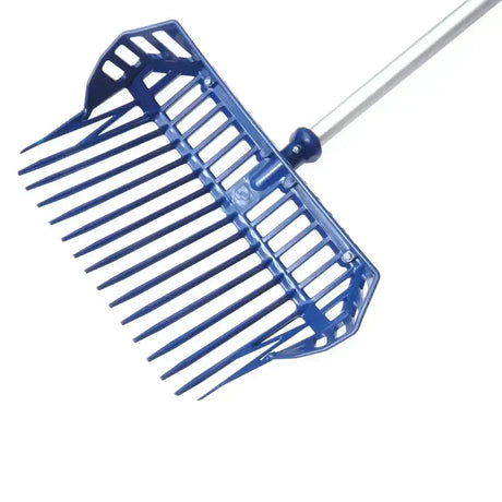 Fynalite xl shavings fork t-grip handle with cage featuring a blue plastic rake head and silver metal handle