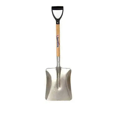 Fynalite yard shovel large square mouth metal shovel with silver blade black handle and wooden shaft lynx logo visible