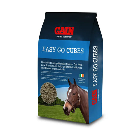 Blue and black gain easy go cubes horse feed bag with brown horse illustration for equestrian use 25 kg