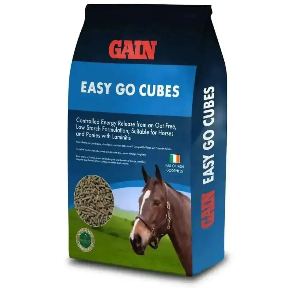 Blue and black bag of gain easy go cubes horse feed low starch with brown horse illustration cool n easy formula