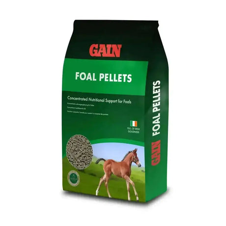Green and black bag of Gain foal pellets nutrient dense pellets for concentrated foal nutrition horse feed