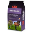 Purple and black bag of gain freedom mix low starch high horse feed with brown horse illustration for healthy feeding