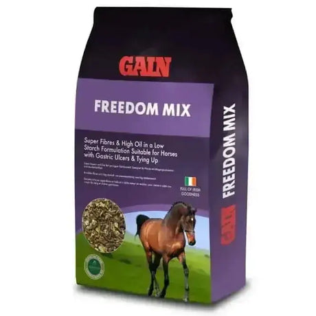 Purple and black bag of gain freedom mix low starch high horse feed with brown horse illustration for healthy feeding