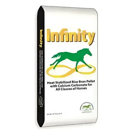 Gain horse feeds infinity heat stabilized rice bran pellet feed for horses in white and black bag with green horse graphic
