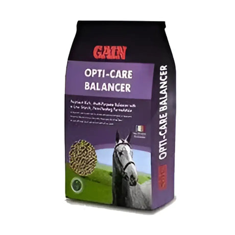 Purple and black bag of gain opti-care balancer nutrient dense horse feed with a white horse illustration on front