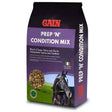 Black and purple bag of gain prep n condition mix horse feed designed to support growing horses with a condition mix horse formula