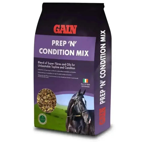Black and purple bag of gain prep n condition mix horse feed designed to support growing horses with a condition mix horse formula