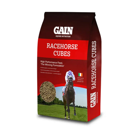 Red and white gain racehorse cubes bag with jockey design labeled as high-performance equine nutrition racehorse cubes