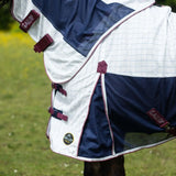 Gallop air mesh detachable cooler turnout sheet in white and navy with grid pattern and reinforced straps for secure fit