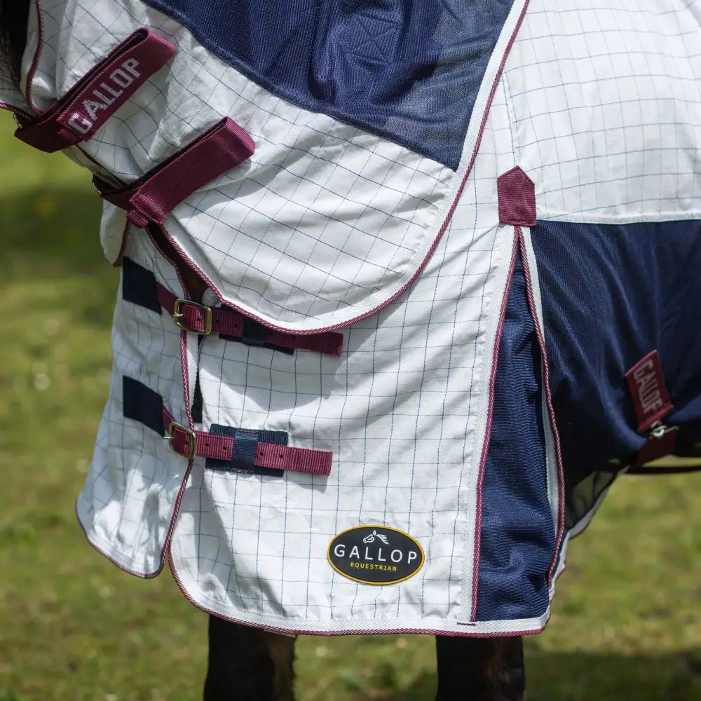 Gallop air mesh detachable cooler turnout sheet with white navy checkered pattern and maroon detachable neck straps