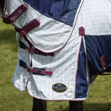 Gallop air mesh detachable cooler turnout sheet with white navy checkered pattern and maroon detachable neck straps