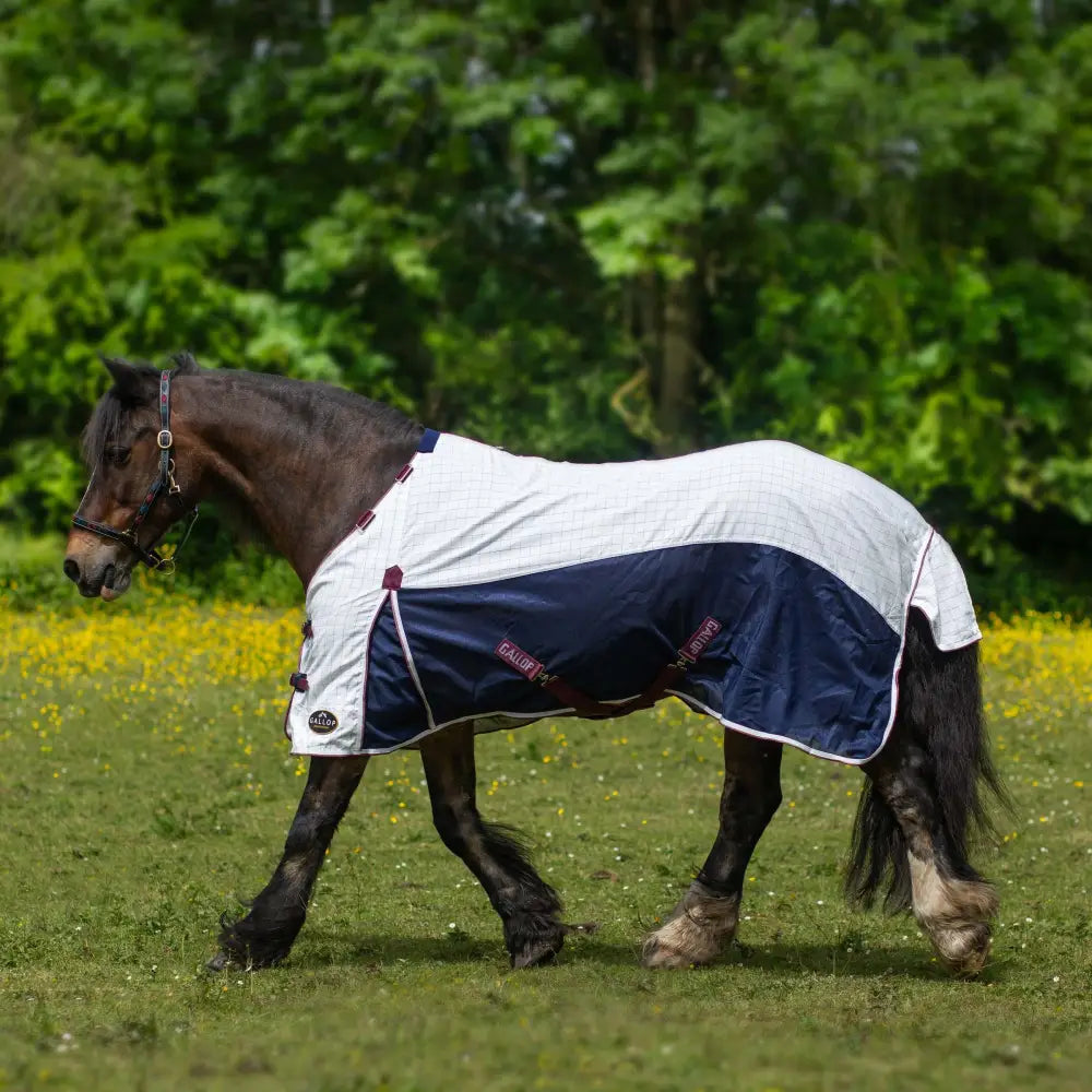 Navy and white quilted gallop air mesh detachable cooler turnout sheet with red trim and detachable neck features