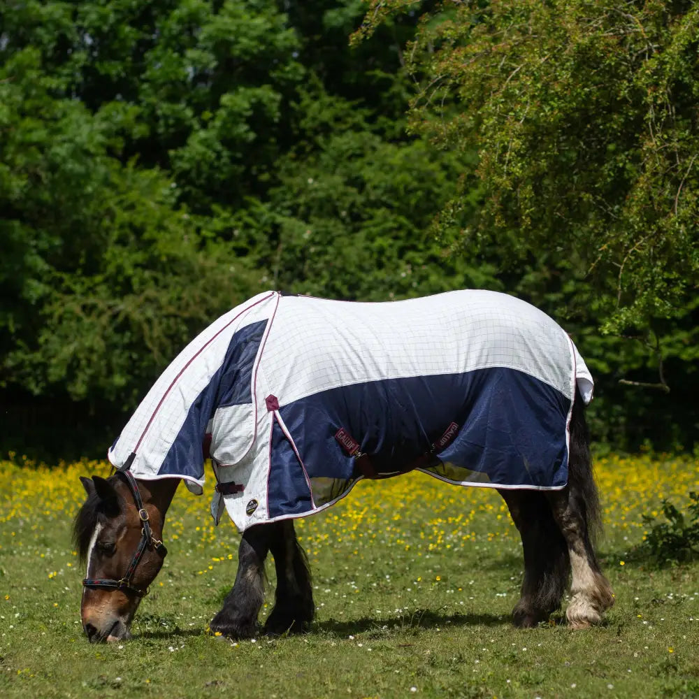 Navy and white gallop air mesh detachable cooler turnout sheet with quilted design and red trim features detachable neck
