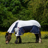Navy and white gallop air mesh detachable cooler turnout sheet with quilted design and red trim features detachable neck