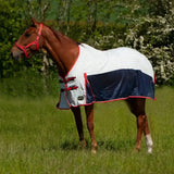 A brown horse wearing a white and navy blue gallop air-mesh summer sheet with red trim standard neck summer