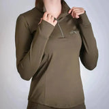 Olive green gallop base layer long sleeve zipped neck top with subtle embroidered logo perfect for activewear