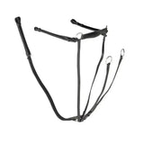 Black leather gallop breast plate martingale with silver rings and fully adjustable neck straps for horses