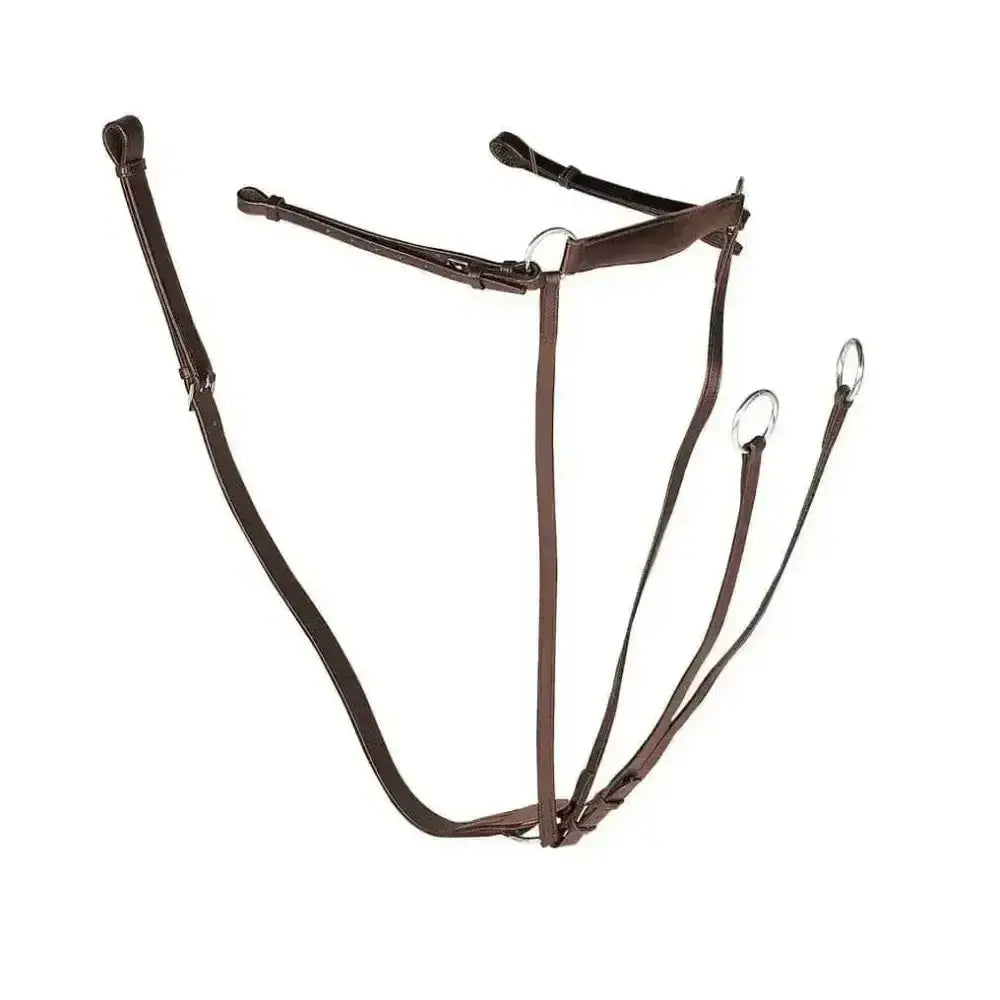 Brown leather gallop breast plate martingale with metal rings and fully adjustable neck straps for horses